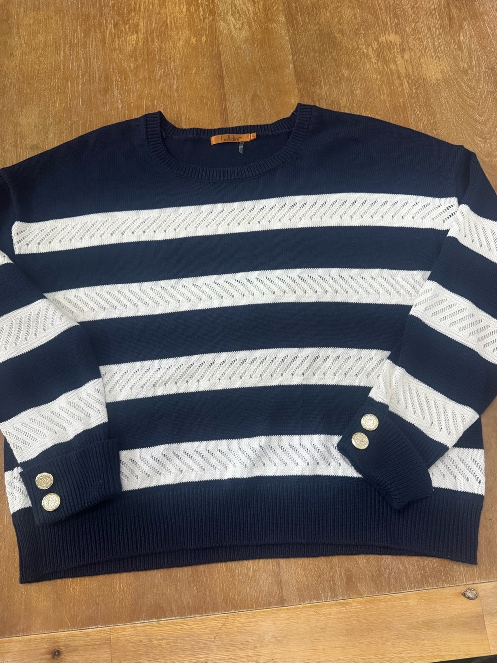 Belldini Navy and White Striped Crewneck Sweater with Gold Buttons